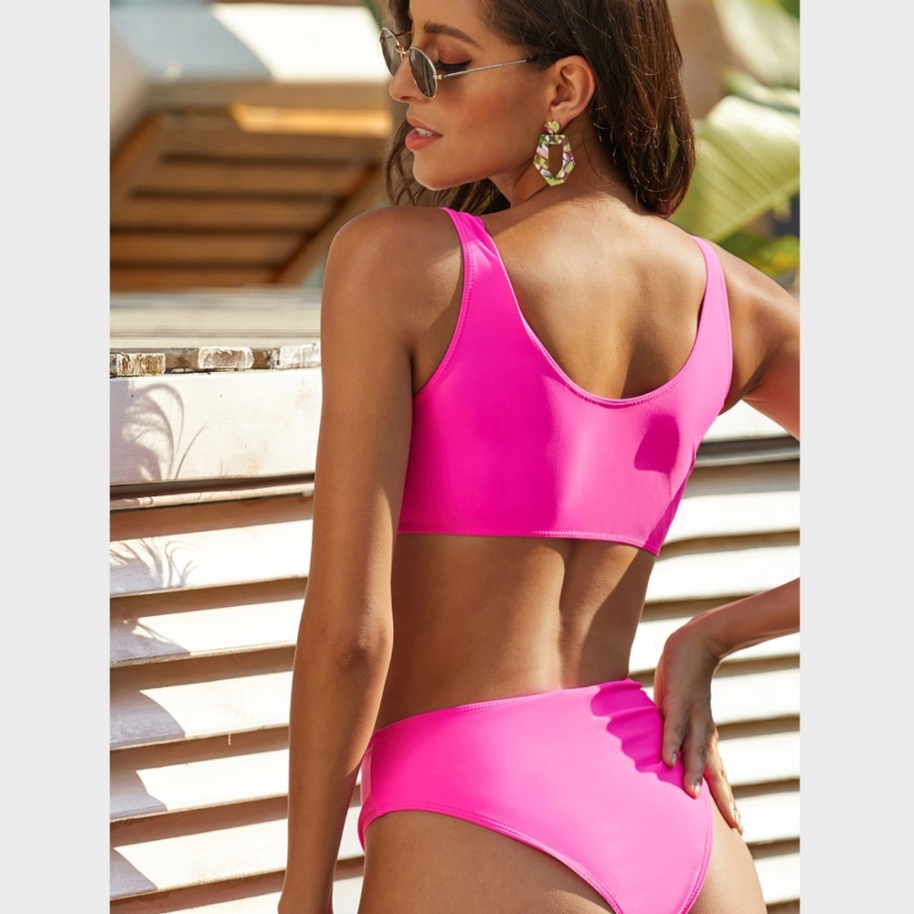 Hot Pink Fuchsia High Waist Bikini Set Swimsuit - Picture 3 of 11